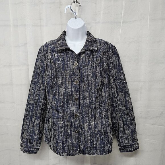 Chico's Blue White Woven Textured Casual Boho Jacket 2 (L) - Picture 1 of 11